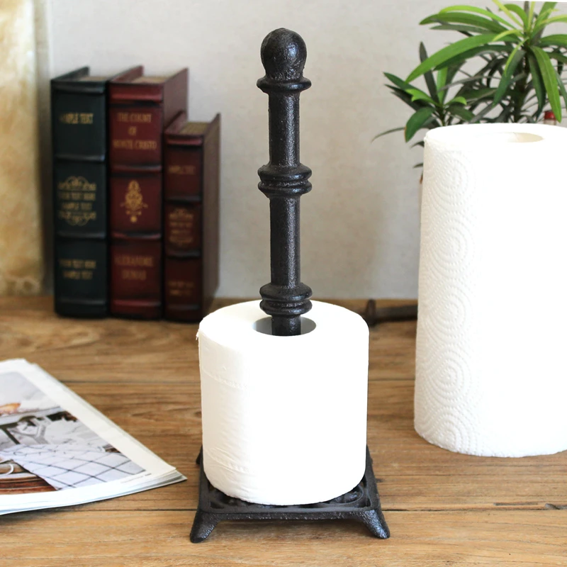 

Vintage Black Cast Iron Towel Paper Holder With Square Hollow Bottom Base And Central Axis Home Table Roll Napkin Storage Rack