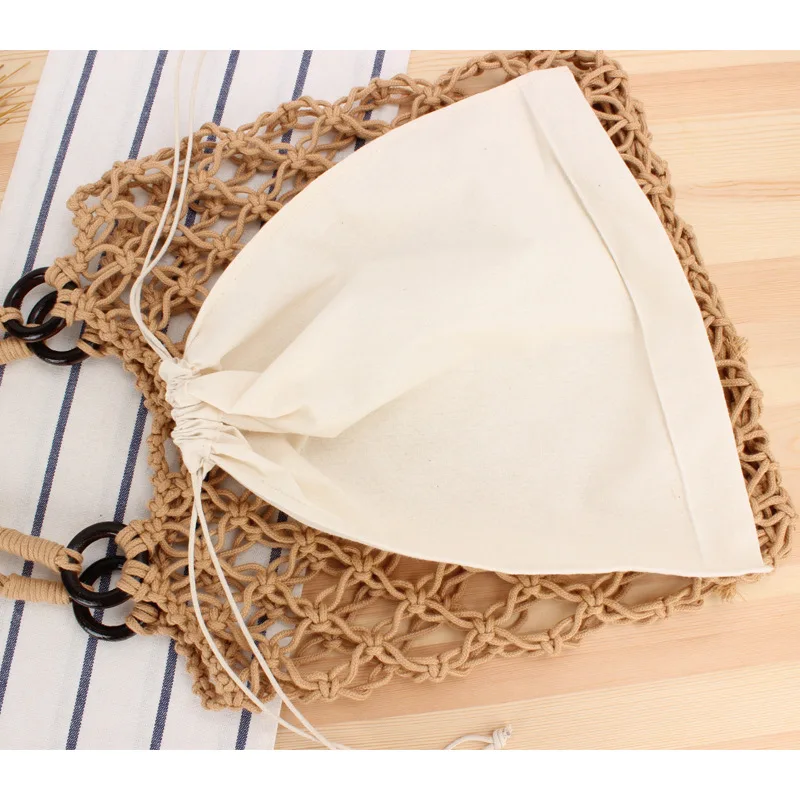 33x30CM New Solid Color Wooden Ring Hollow Cotton Rope Woven Bag Natural Style Handmade Net Bag Holiday Beach Straw Bag a7157