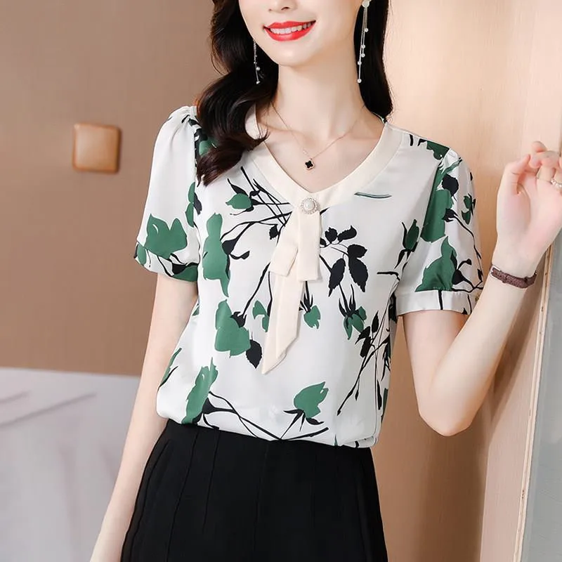 

Women Summer High-End Chiffon Shirts Casual Temperament Blouses Short Sleeve Print Fashion Ladies Loose Tops Blusas MM0636