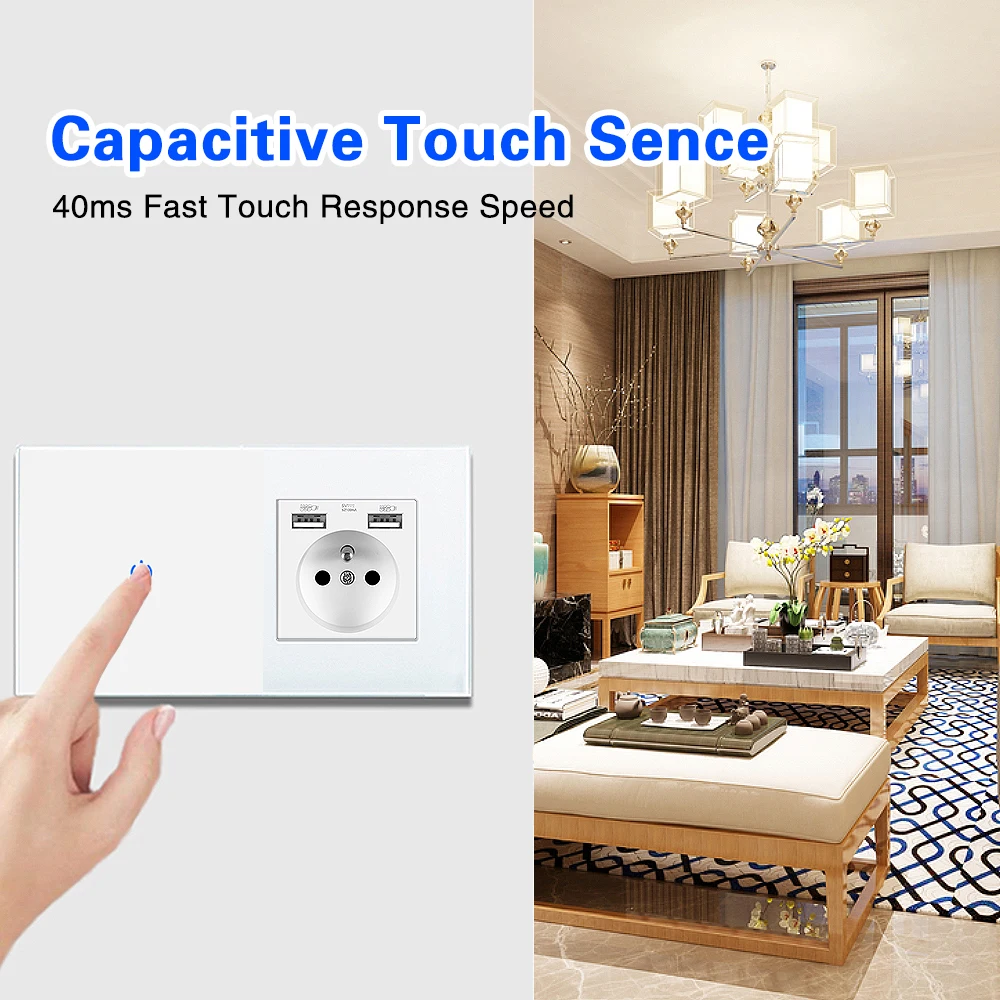 UBARO France Standard Wall Light Touch Switch With Tempered Crystal Glass Panel USB Socket Sensor Button Outlets Combination