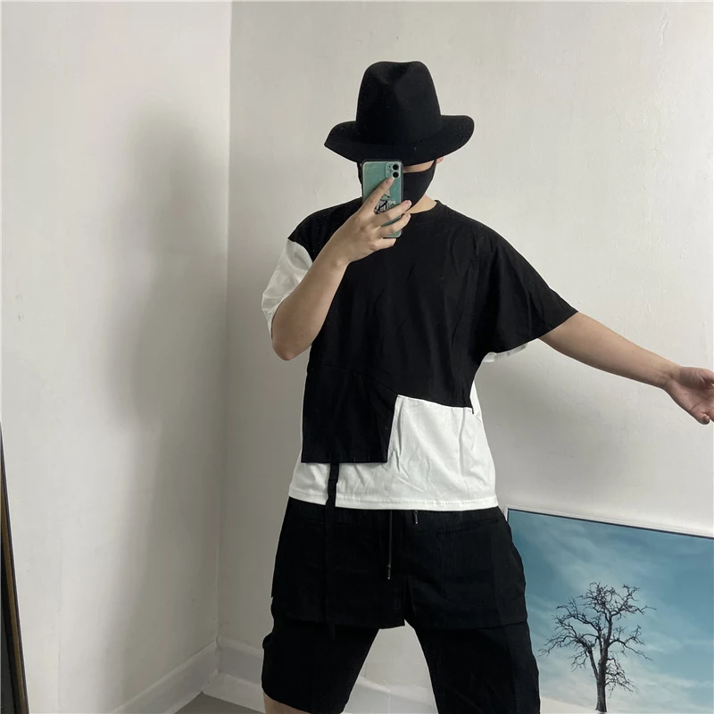 Men's Short Sleeve T-Shirt Summer New Personality Splicing Color False Two Irregular Leisure Loose Large Size Half Sleeve