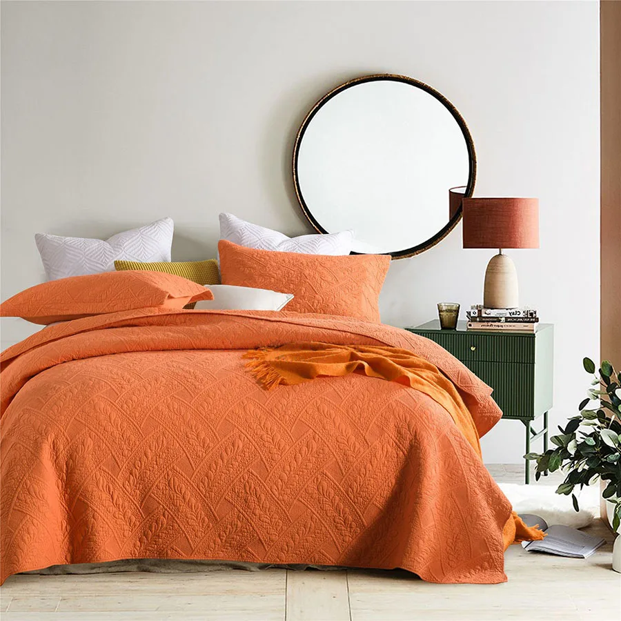 CHAUSUB Orange Embroidered Cotton Quilt Set 3PCS Bedspread on the Bed Quilted Bed Cover Queen Size Blanket on Bed Coverlet