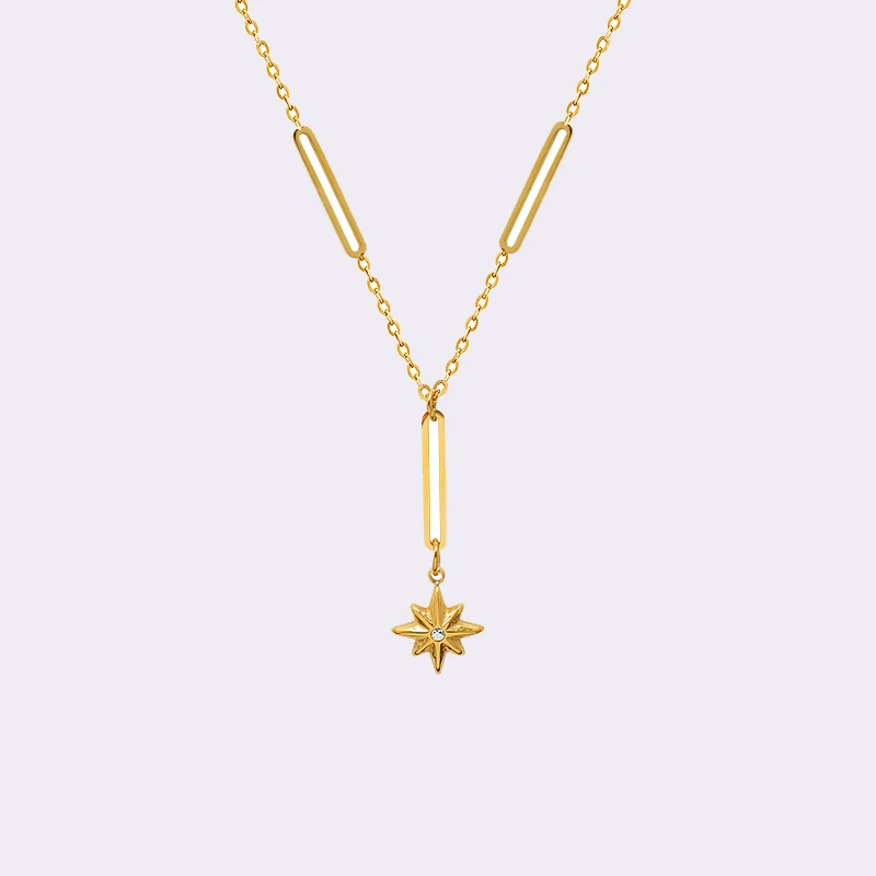 

New Arrival Stainless Steel Starburst Pendant Necklace for Women Paper Link Chain Choker Fashion Jewelry Gift