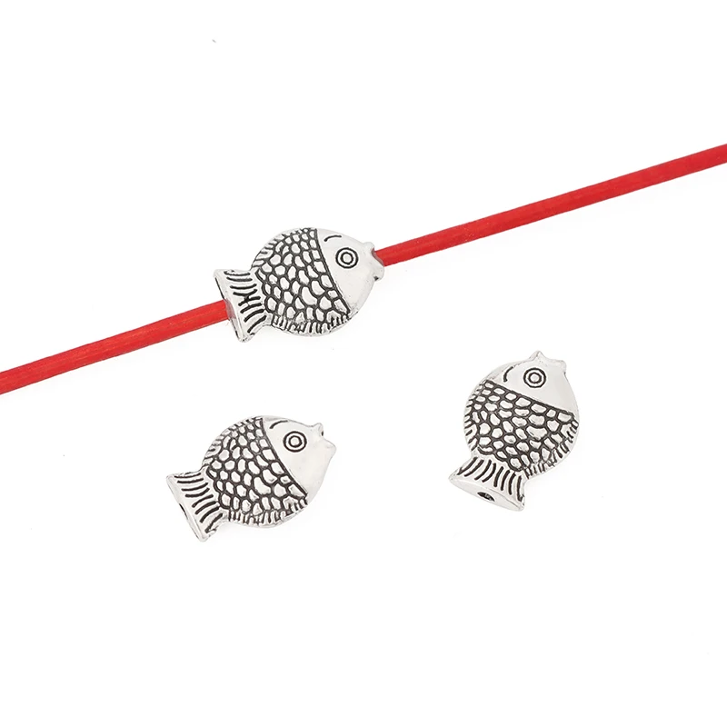 50pcs Tibetan Silver Tone Fish Spacer Beads Charms for DIY Jewelry Making Findings 12x8mm