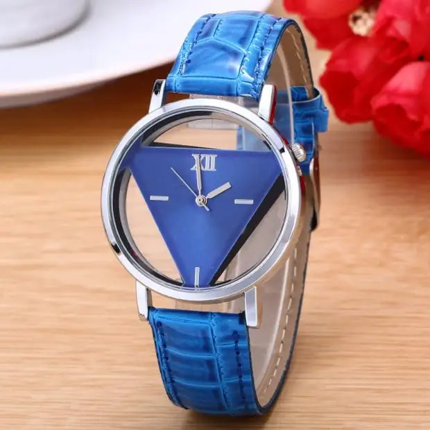 Relojes triangulares de cuarzo ahuecados para mujer, pulsera de cuero azul con esfera única, envío directo, precio barato, 2022