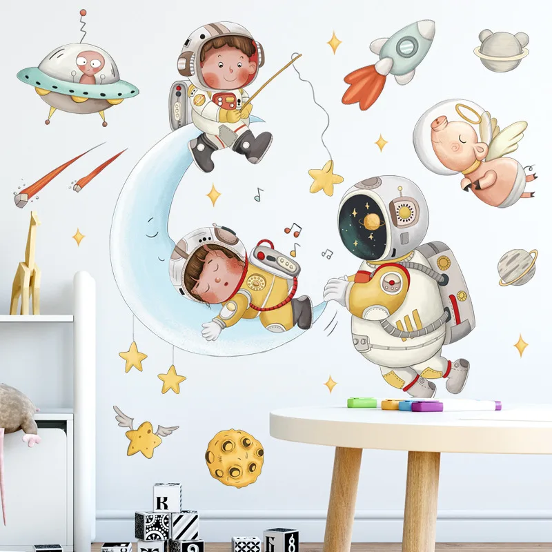 Space Astronaut Wall Stickers Children\'s Room Kindergarten Universe Starry Cartoon Cute Background Wall Wallpaper Self-Adhesive