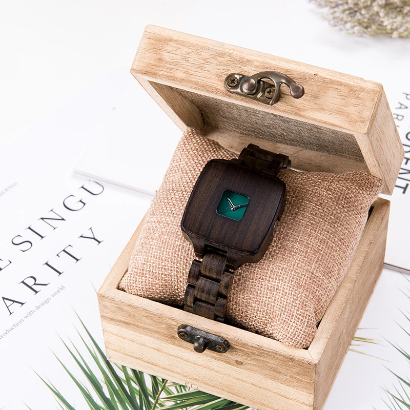 Women Wood Watch Delicate Ladies Stylish Square Ebony Wood Wristwatches Her Wooden Timepieces for Party Dress Clock Montre Femme