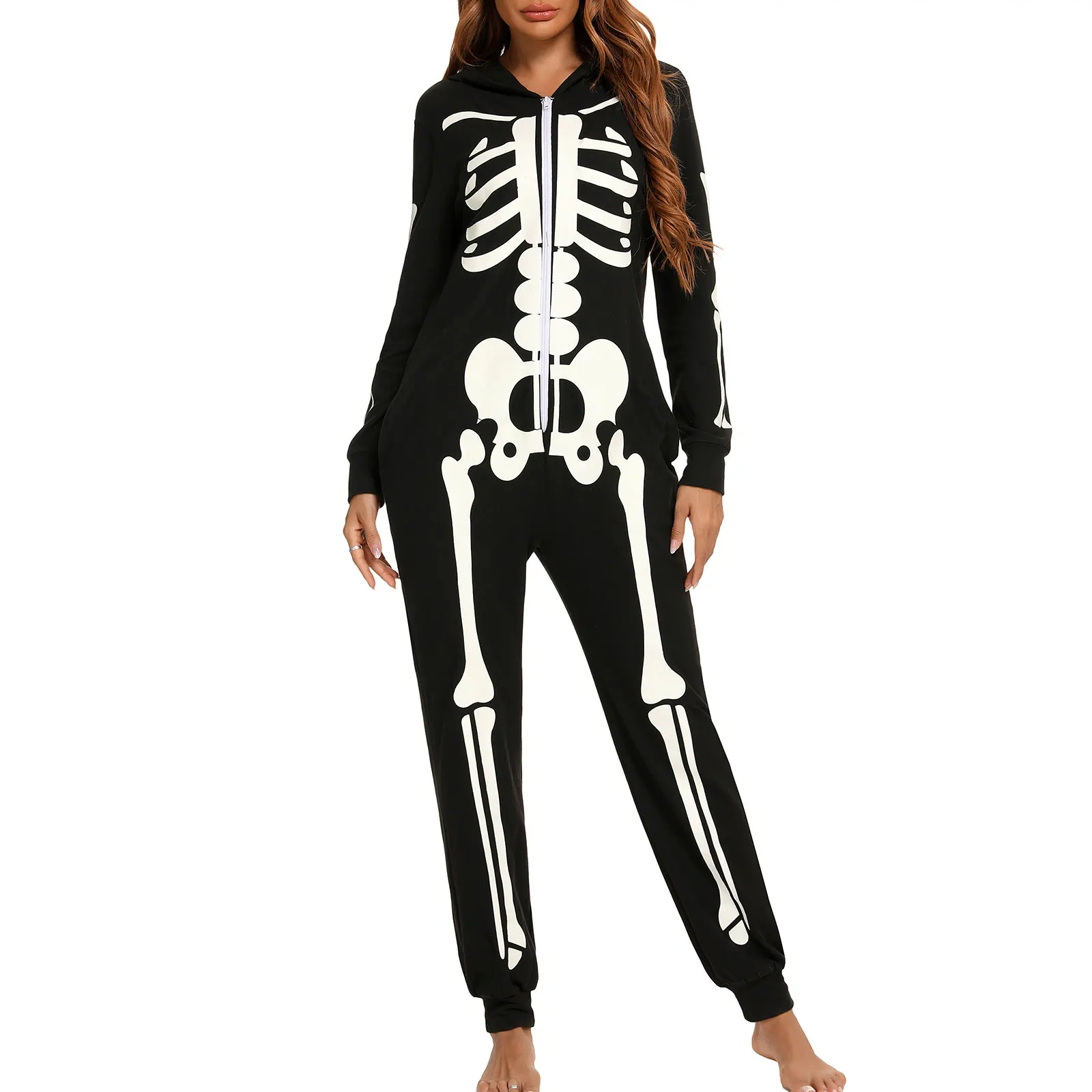 Halloween Scary Skeleton Family Costumes for Adult Kids Family Horror Skull Jumpsuit Party Hooded Matching Pajamas Set