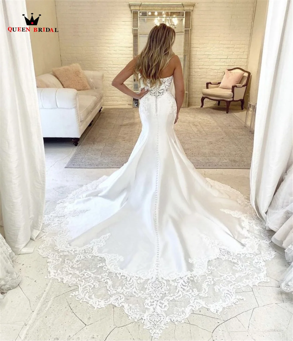 Abiti da sposa Sexy sirena Straplss raso pizzo Appliques cristallo lusso elegante abito da sposa formale su misura DE41