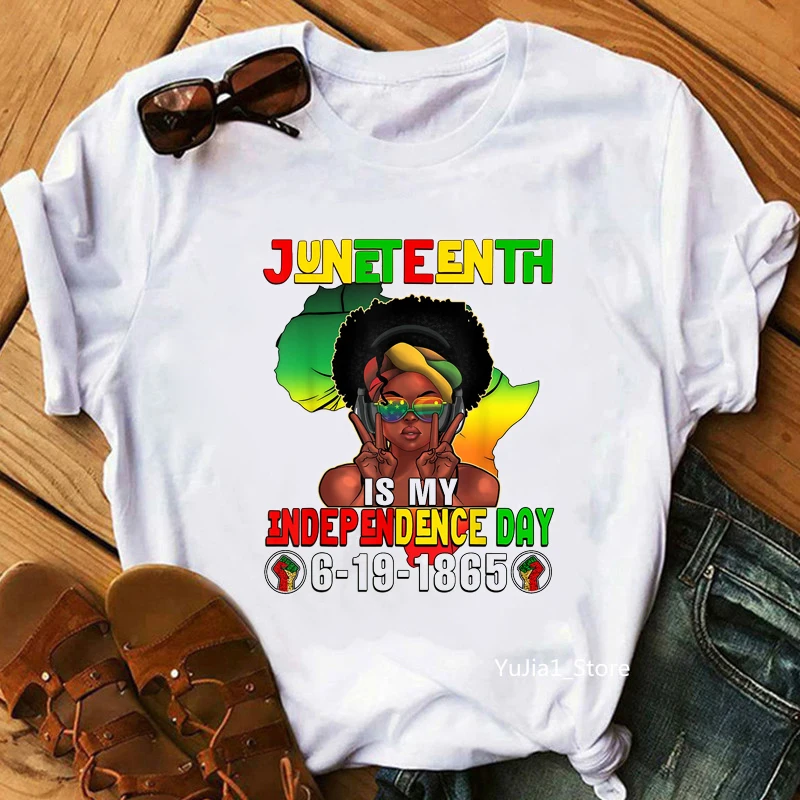 

Rainbow Juneteenth My Independence Day Graphic Print Womens T-Shirt Black Girl Magic Tshirt Femme Melanin T Shirt Female