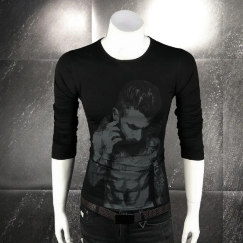 

Long-Sleeve Mens T-Shirt Round Neck Slim Fit Printed Cotton Males Tops Korean Style Black White Spring Autumn Fashion Casual