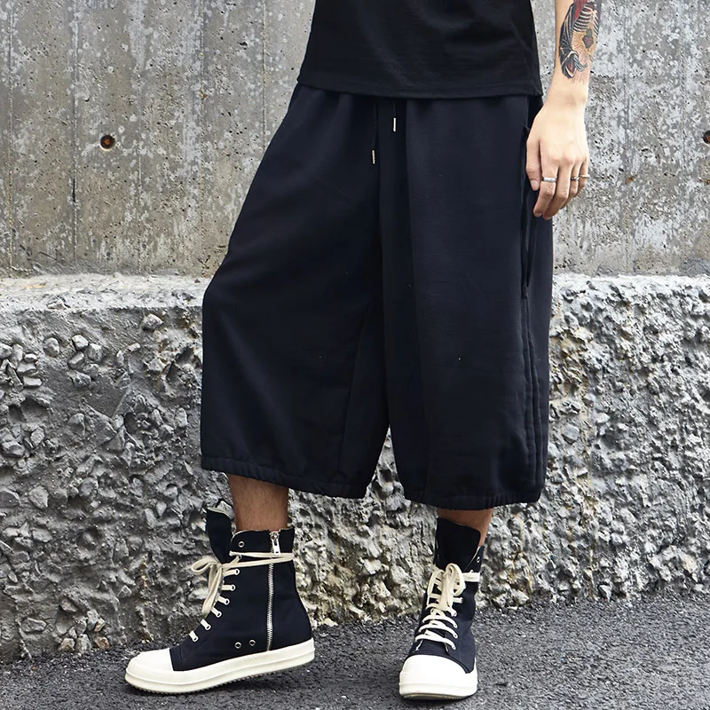 Men's new Yamamoto style classic dark side drawstring design casual and loose seven-point wide leg pants