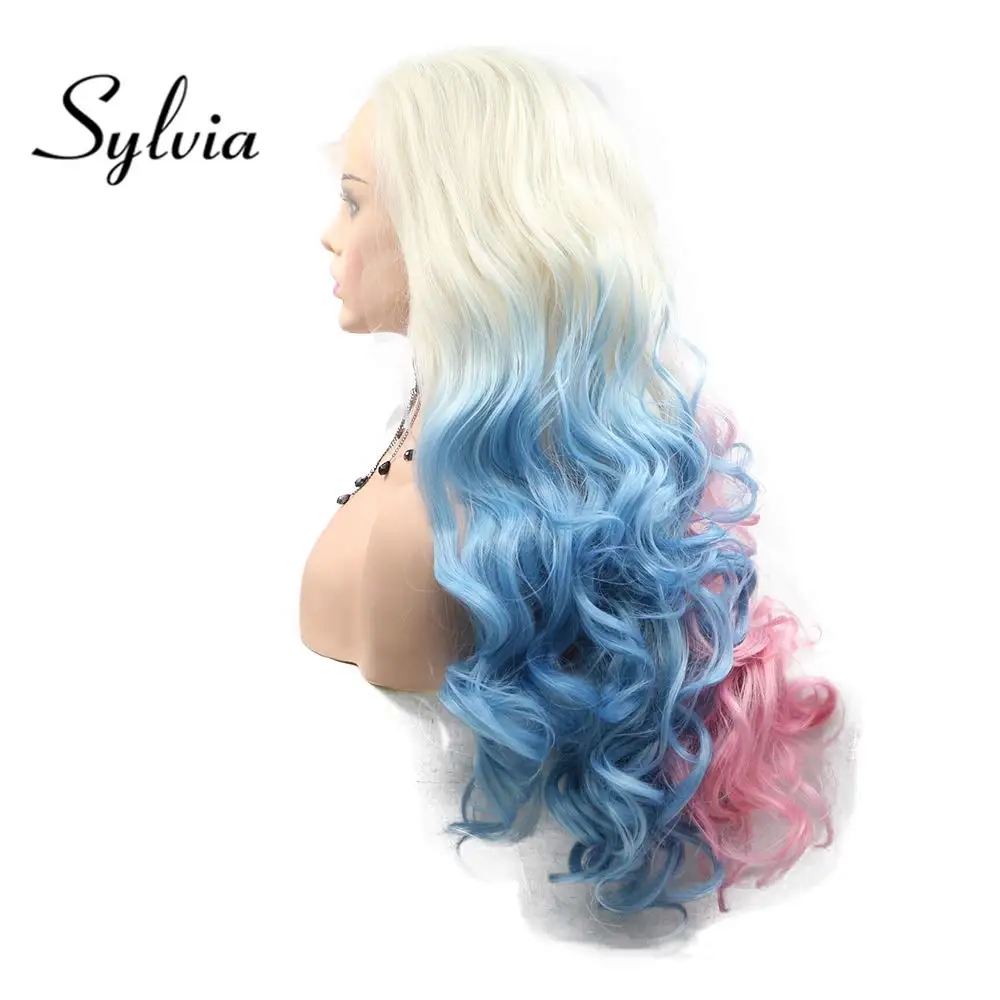 Colored Curly Cosplay Platinum Blonde Half Blue Pink Ombre Body Wave Synthetic Lace Front Wigs Frontal Glueless Hair For Women