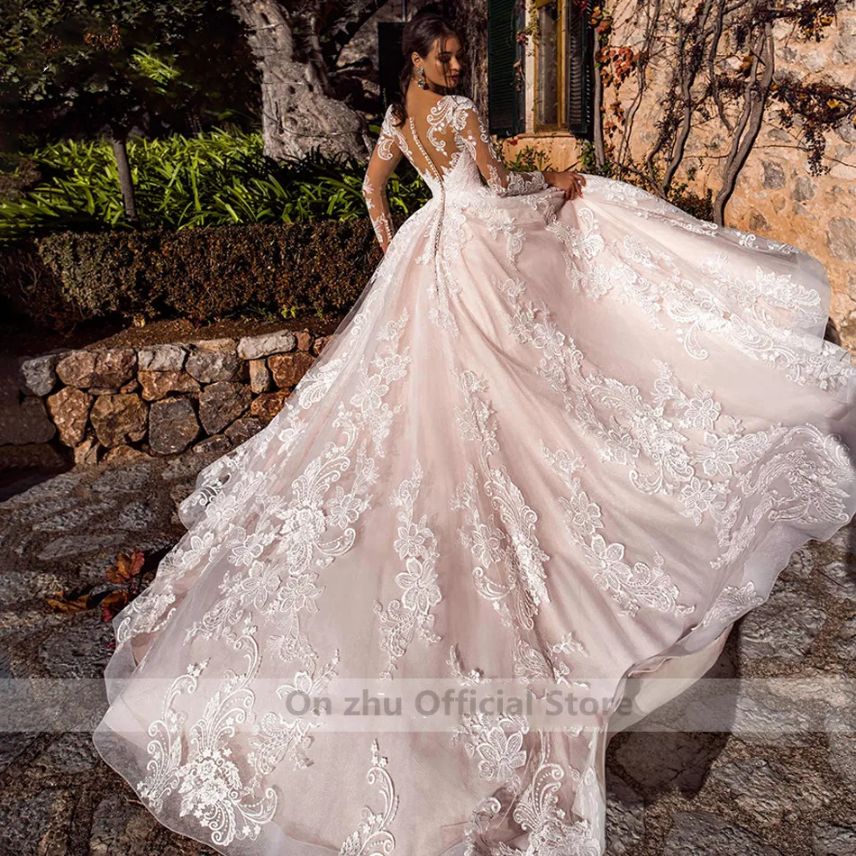 Vestidos De novia De manga larga De lujo, Vestido De novia De playa, línea A, apliques románticos, botón De tul, Vestido De novia De princesa