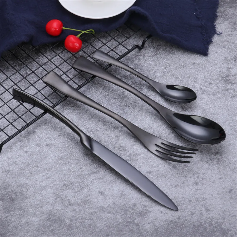 Black Noble Stainless Steel Tableware, Table Knife, Fork, Spoon, Hotel, Restaurant, Banquet, Home, Fish Tail Shape, Steak Cutler