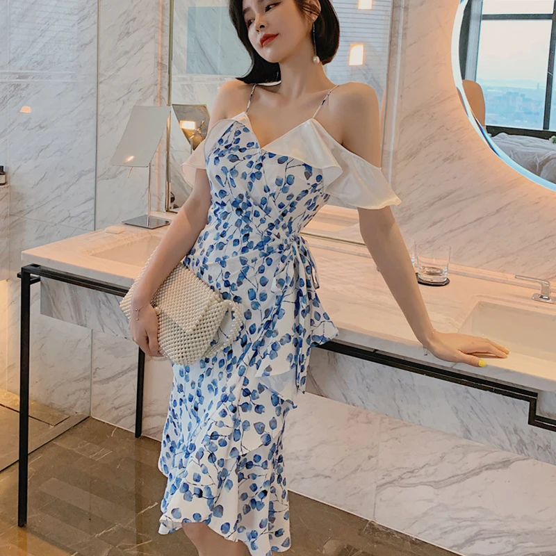 

new arrival fashion print beach dress women elegant summer sexy off shoulder ruffle chiffon temperament slim party dress