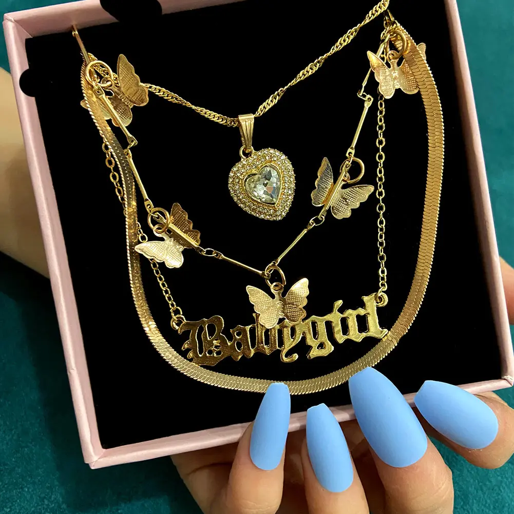 4Pcs Gold Color Multilayer Necklace Jewelry Butterfly Letter Crystal Heart Pendants Choker Chain Trendy Boho New Necklace Gifts