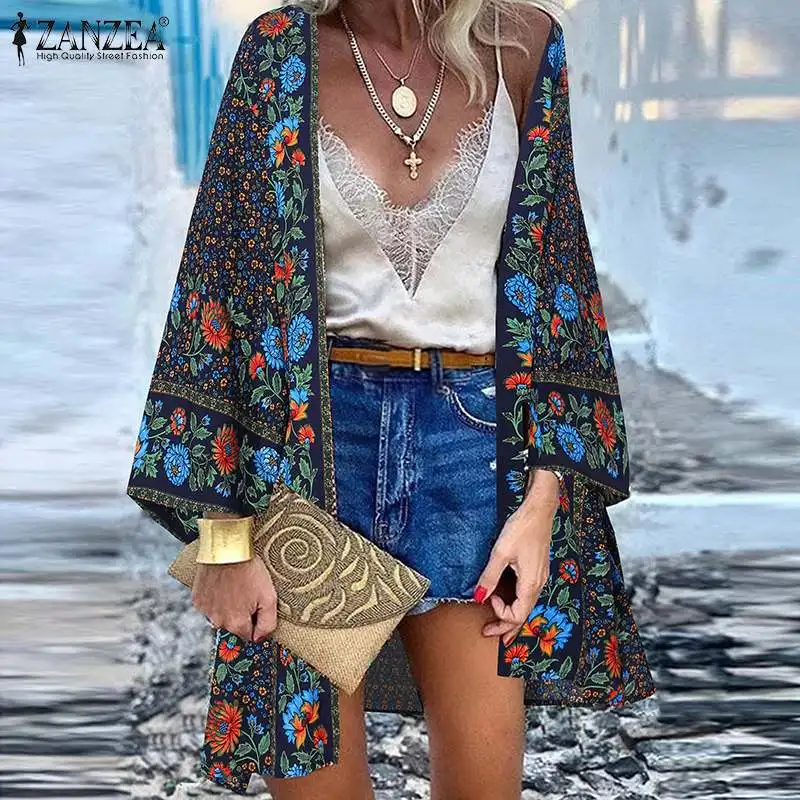 

Women Bohemian Floral Printed Beach Cardigan Kimono ZANZEA Summer Blouse Vintage Open Front Holiday Shirt Long Sleeve Tunic Tops