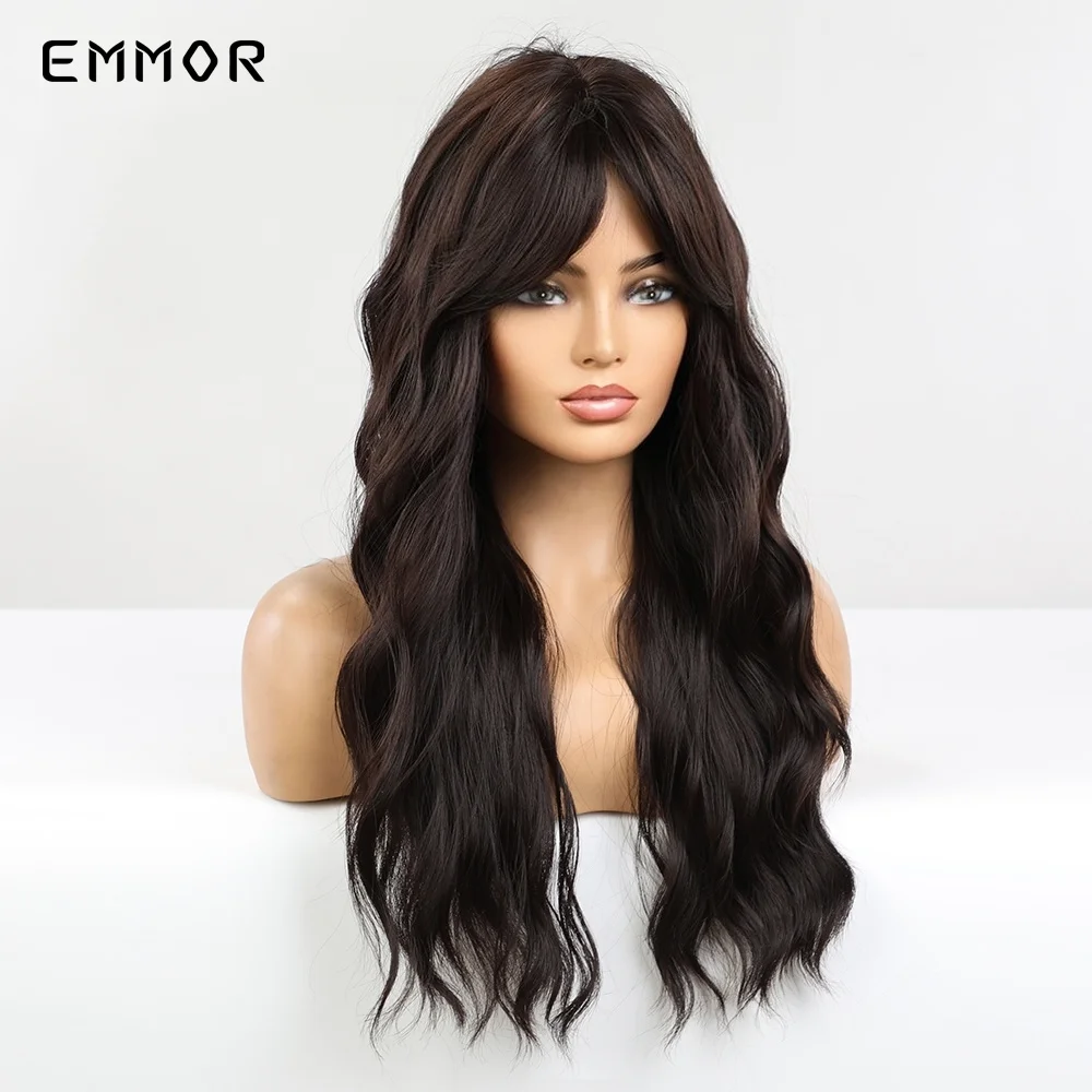 Emmor Synthetic Natural Black Brown Water Wavy Wigs with Bangs Dark Brown Wave Hair Wig  for Women Heat Resistant Fiber Hair Wig