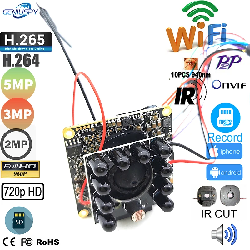 

Camhi WiFi 5MP H.265 H.264 Wireless CCTV IP Camera SD Card PCB Board Module Pin Hole LENS & Antenna&Audio&940nm IR Led IR-Cut