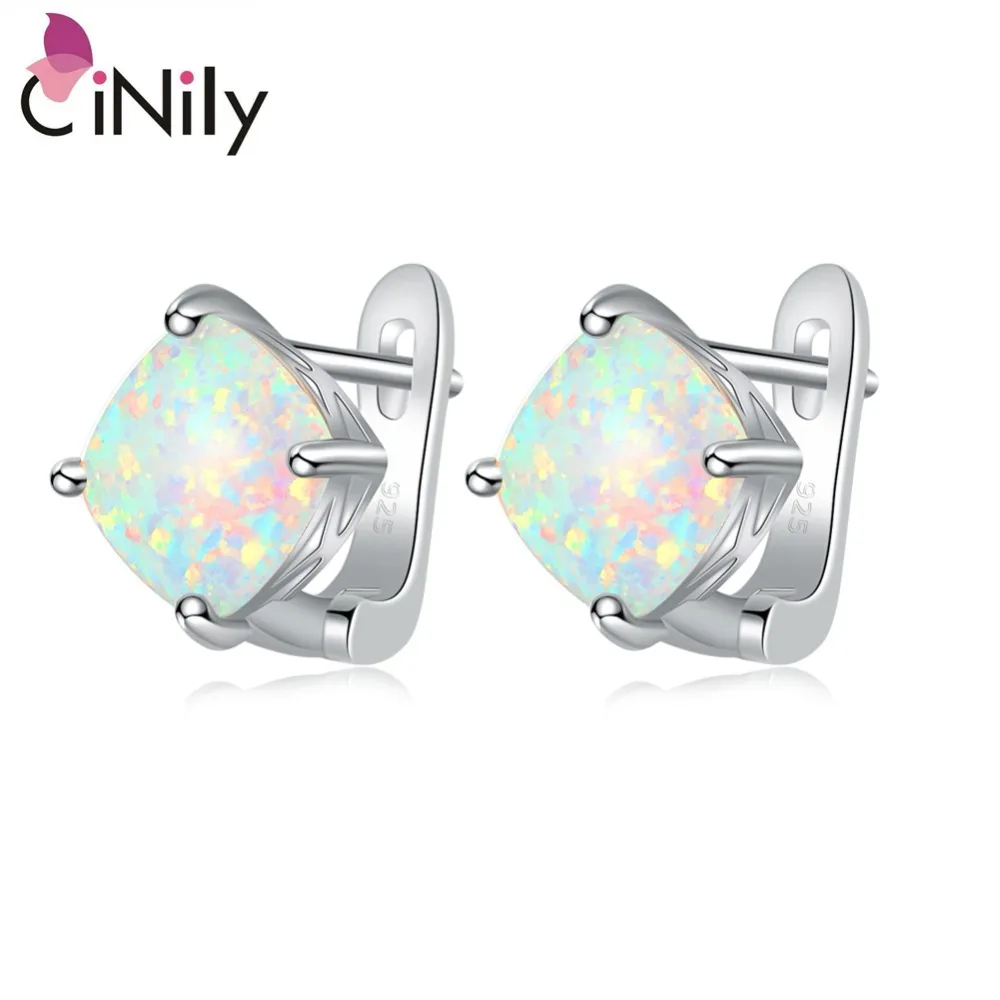 CiNily Minimalist White Fire Opal Stud Earrings Silver Plated Large Square Stone Earring Easy Chic Summer OL Jewelry Girl Woman