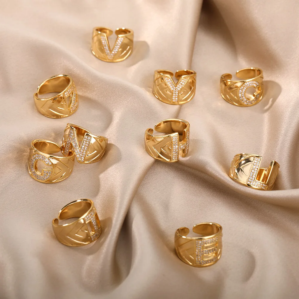 Chunky Wide Hollow A-Z Letter Rings For Women Zircon Adjustable Gold Color Opening Ring Initials Alphabet Female Party Jewelry image 6