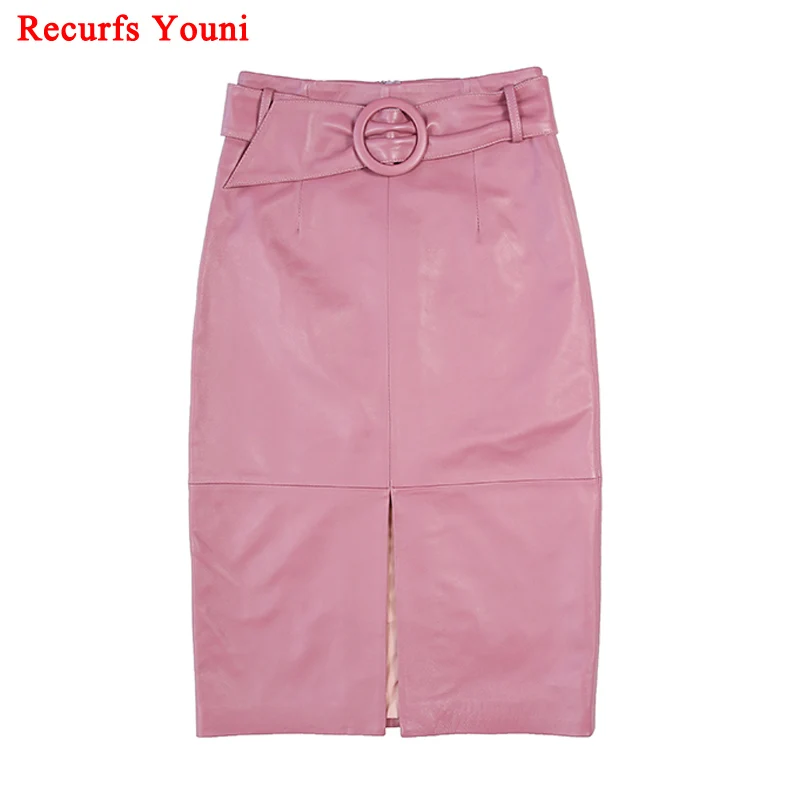 RYS9325 Winter Women Genuine Leather 65cm Long Wrap Skirt Female Ring Belt High Waist Faldas Mujer Front Slit OL Sexy Pink Jupe