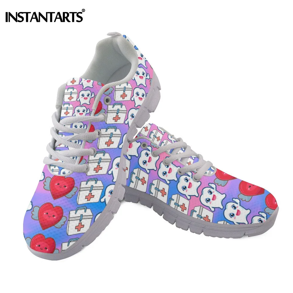 INSTANTARTS Tooth Red Love Print Women Flats Shoes Fashion Female Lace-up Sneakers Spring/Autumn Breathable Mesh Flat Shoes
