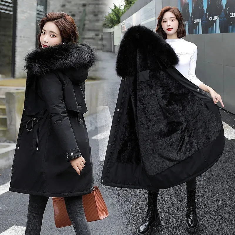 2024 New Winter Jacket Women Parkas Warm Fur Collar Jacket Long Hooded Parka Coat Female Fur Lining Thick Office Lady Streetwear