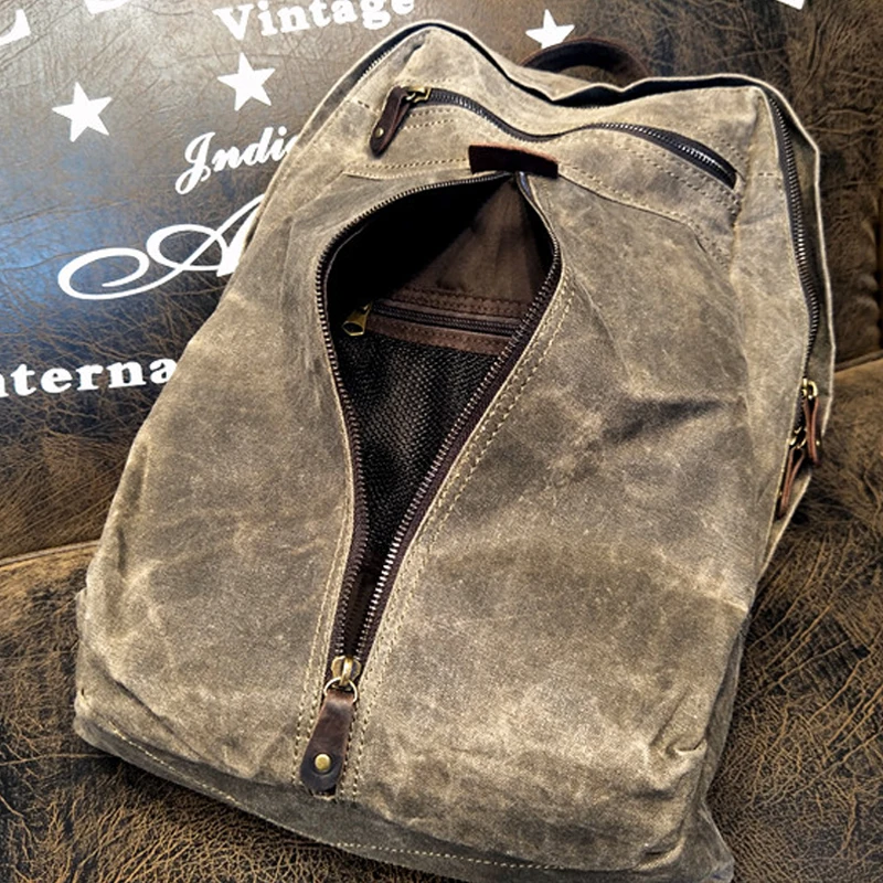 Waxed canvas backpack retro laptop bags men outdoor hiking rucksack waterproof travel backpack