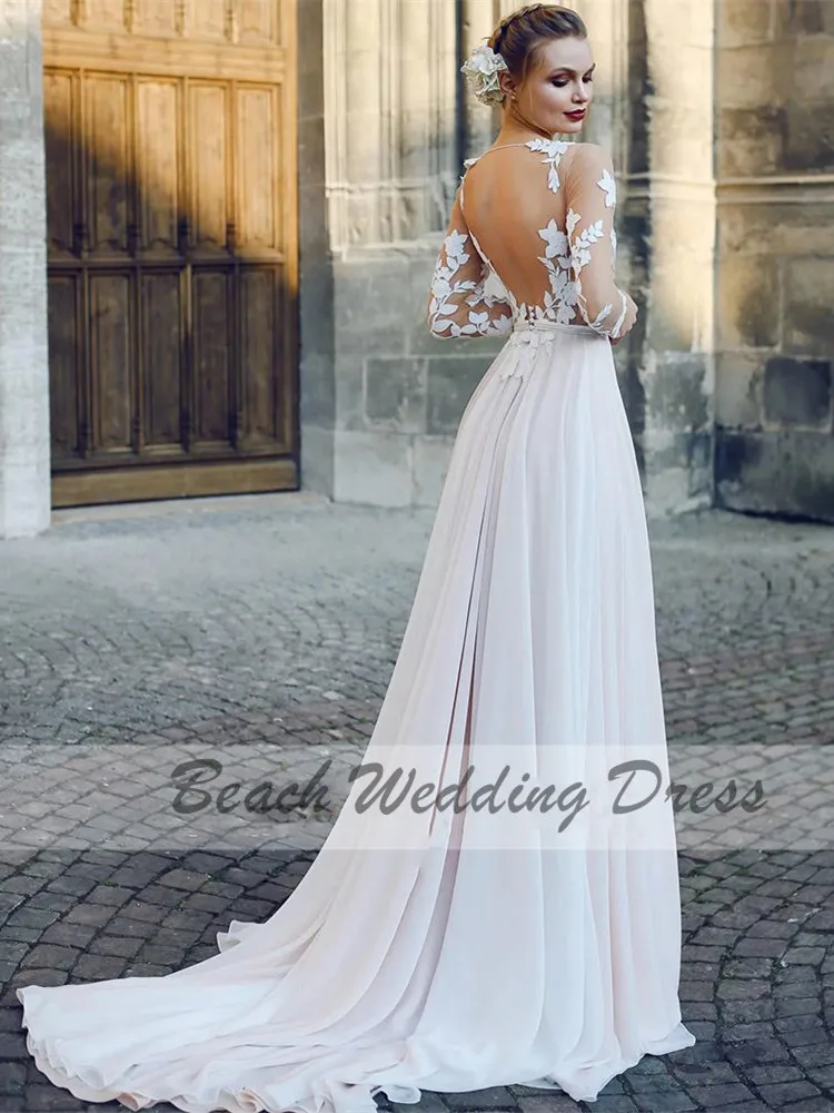 Robe de mariée blanche en mousseline de soie, style Boho, coupe trapèze, manches longues, col en V, dos nu, dentelle appliquée, 2021