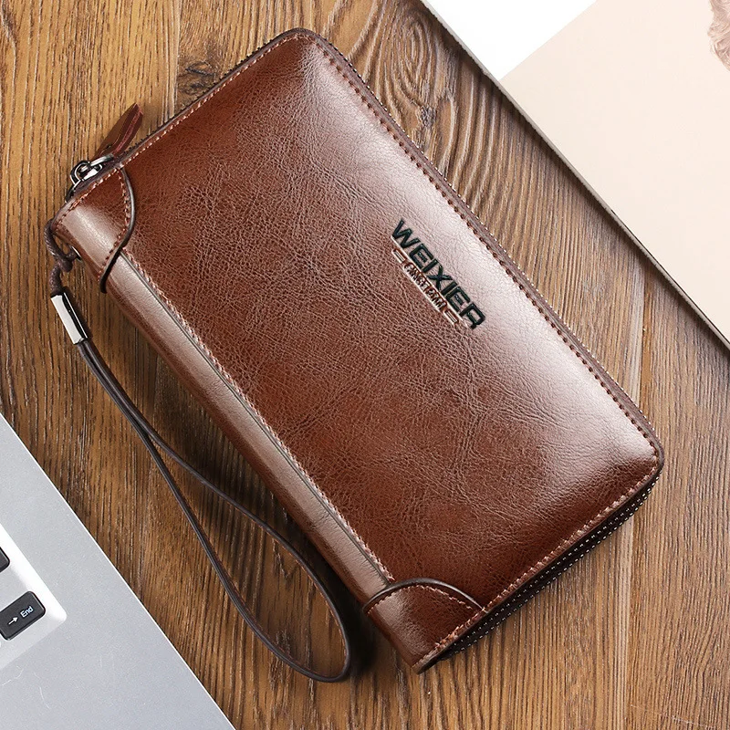 WEIXIE Business Luxury Brand Leather Wallets Men Long Zipper Coin Purses Design Clutch Wallet Male Money Credit Card Holder