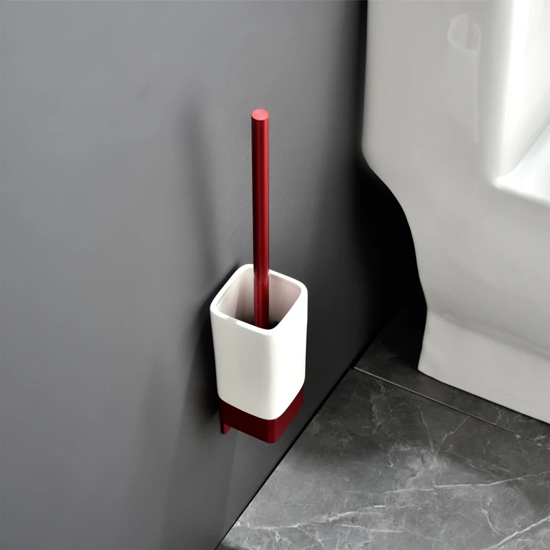 Bathroom Toilet Brush Holders Red Aluminum Toilet Brush Wall Mounted 3M Tape Free Punch For Bathroom Storage And Cleaner