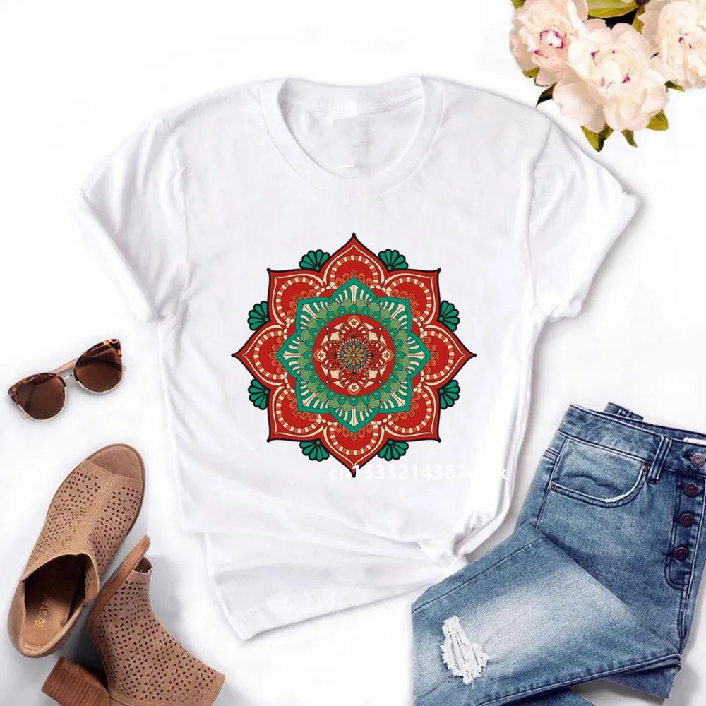 Mandalas stripes Women's Summer Harajuk Print T-shirt Summer Fashion Casual White Short Sleeved O-collar T-shirt Girl,Drop Ship