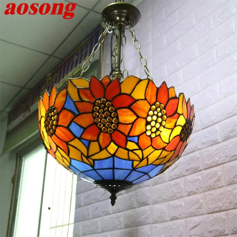 AOSONG Tiffany Pendant Light Contemporary LED Sunflower Figure Lamp Fixtures For Home Dining Room