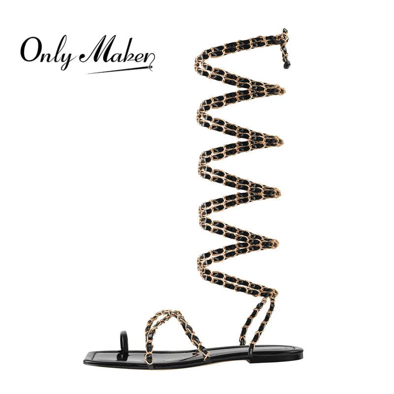 

Onlymaker Women Square Toe Metal Chain Black Flat Summer Sandals