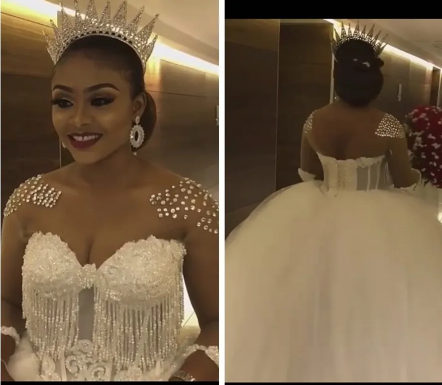 Vestido De novia De cristal con cuello De ilusión transparente, traje De novia con cuentas, tul, apliques De encaje, 2021