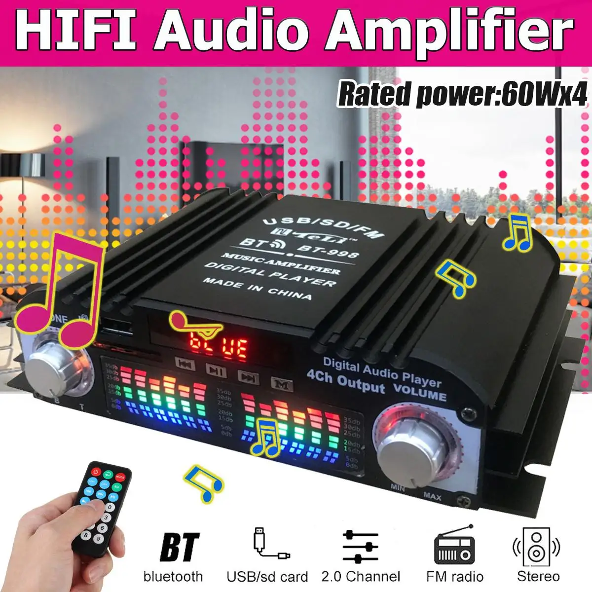 BT-998 Hifi Audio Home Digital Amplifiers Car Audio Bass Power Bluetooth Amplifier FM USB SD Radio for Subwoofer Speakers DC12V