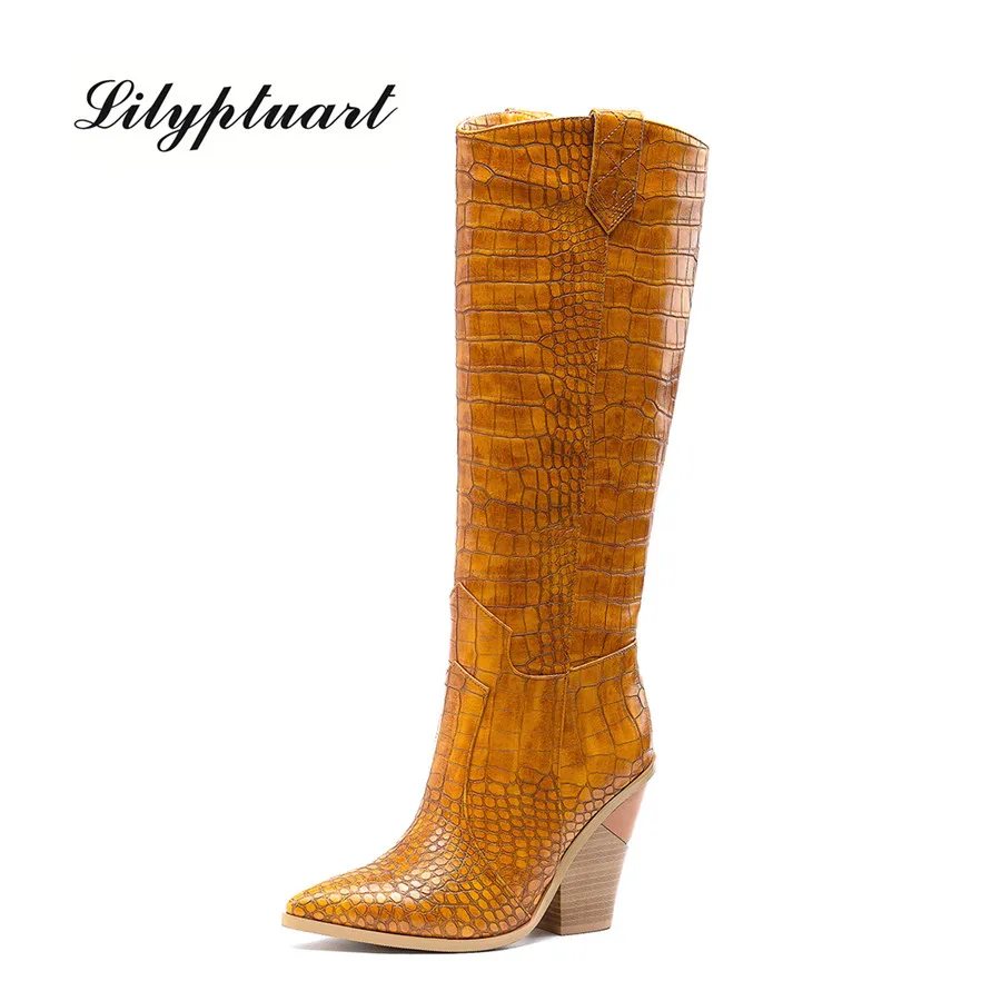 

2019 New brand microfiber leather women knee high boots sexy pointed toe western cowboy boots women mid-calf chunky wedge boots