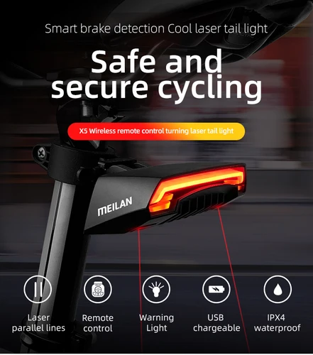 Imagen 2 del producto Meilan X5 inalámbrico bicicleta luz trasera láser lámpara trasera freno inteligente USB recargable accesorios de ciclismo giro remoto Led, Luz trasera de bicicleta