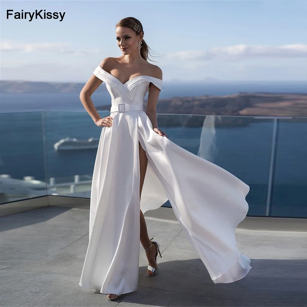 FairyKissy Puffy Sleeve Tulle Wedding Dresses Floor Length Off the Shoulder A Line Simple Wedding Party Gowns for Bridal 2021