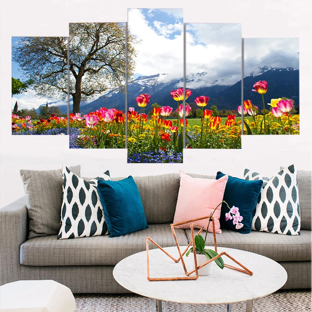 

Pictures Living Room Decor 5 Pieces Flowers Sky Tree Wall Art Canvas Paintings HD Prints Beautiful Nature Of Switzerland Posters