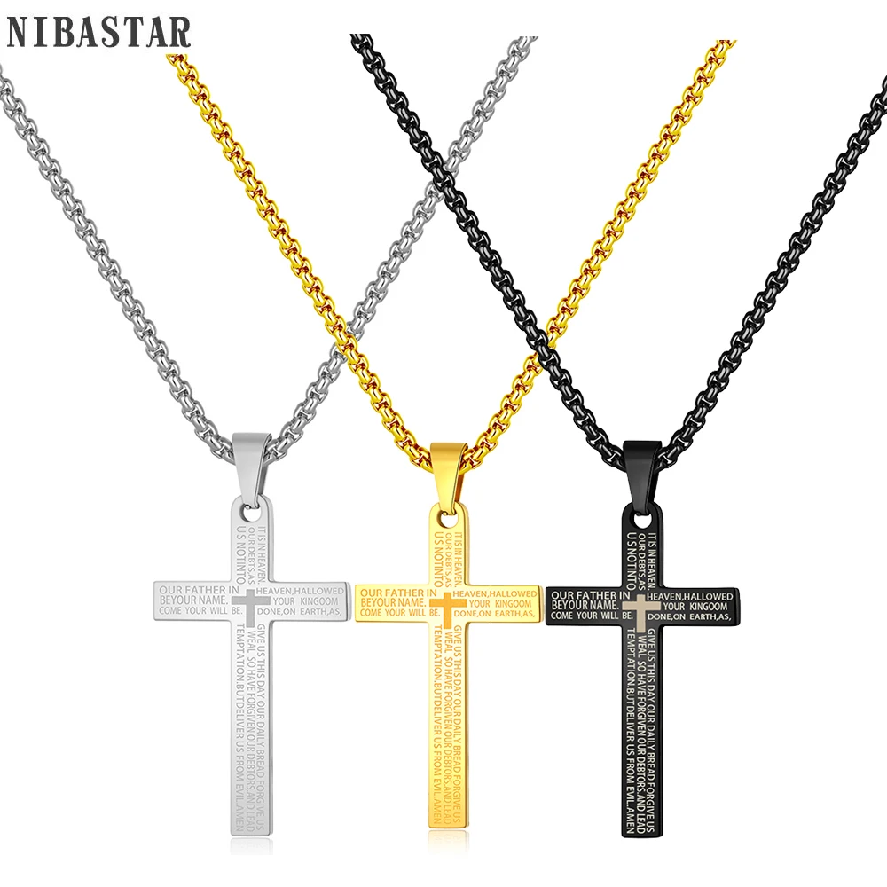 Retro Christian Jesus Single Titanium Scripture Cross Necklace Stainless Steel Black Prayer Choker Cross Pendants For Men Colar