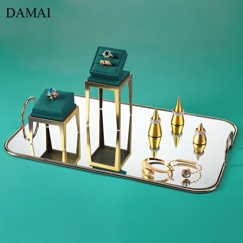 

Gold Inlay Glass Mirror Trays Decorative Nordic Modern Metal Jewelry Necklace Storage Display Tray Dressing Table Decoration