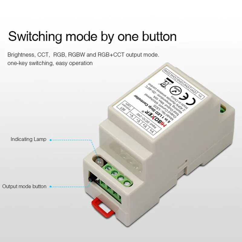 

Miboxer DIN Rail Single color/CCT/RGB/RGBW/RGB+CCT 5 in 1 LED Strip Controller LS2S Lamp Tape dimmer DC12V 24V Max10A