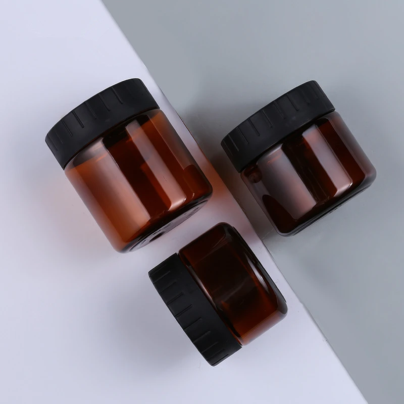 

30pcs 60ml 100ml 120ml Cosmo Round PET Jars w/ Inner Liners and black Lids Empty Amber containers for Salve Cream Premium Vials