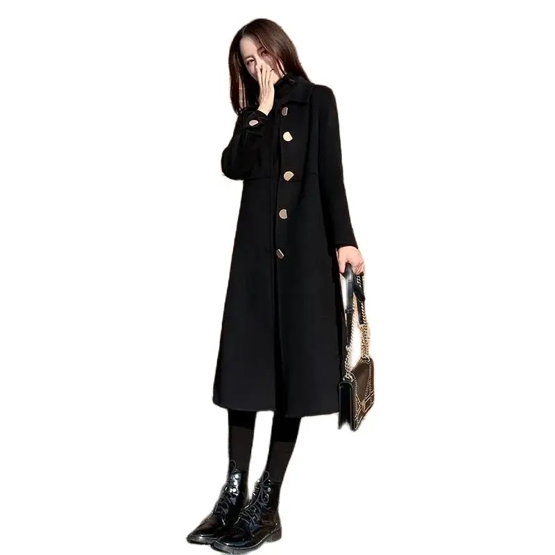 

2022 Women Autumn Winter Popular New Hepburn Style Knee Woolen Coat Female Mid-Length Temperament Thin Black Woolen Jacket A1114