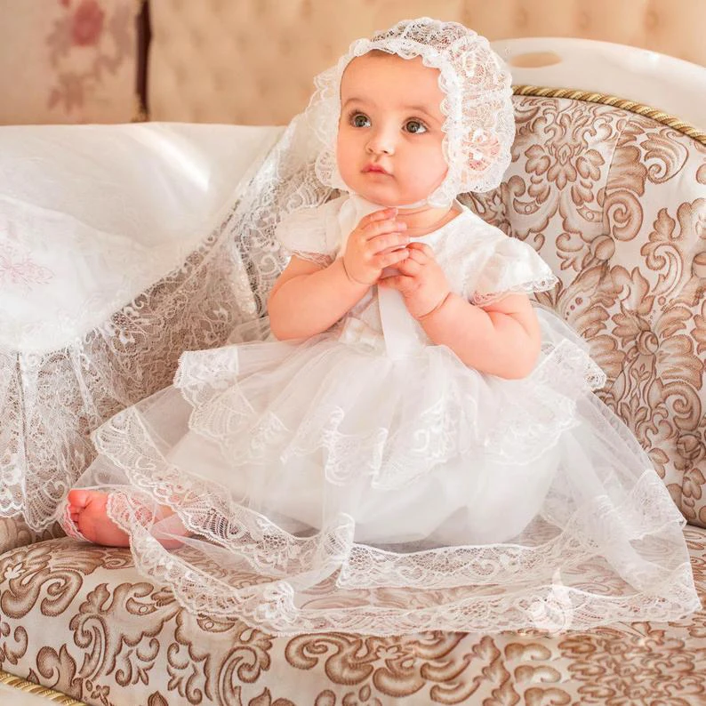 2021 Zachte Tulle Doopkleedjes Voor Schattige Baby Meisje Korte Mouw Applicaties Doop Jurken Met Bonnet Eerste Communicatie Dres