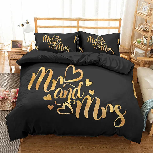 Luxury Black Gold Mr Mrs Bedding Set Fashion Duvet Cover Twin Queen King Size Bed Linen For Adults Couple Bedclothes