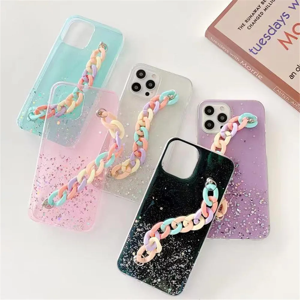 Glitter Korean Style Bracelet Case For Xiaomi Redmi Note 10 9 9S 8T 8 7 6 Pro 7A 8A 9A 9C Wristband Chain Soft Epoxy Back Cover